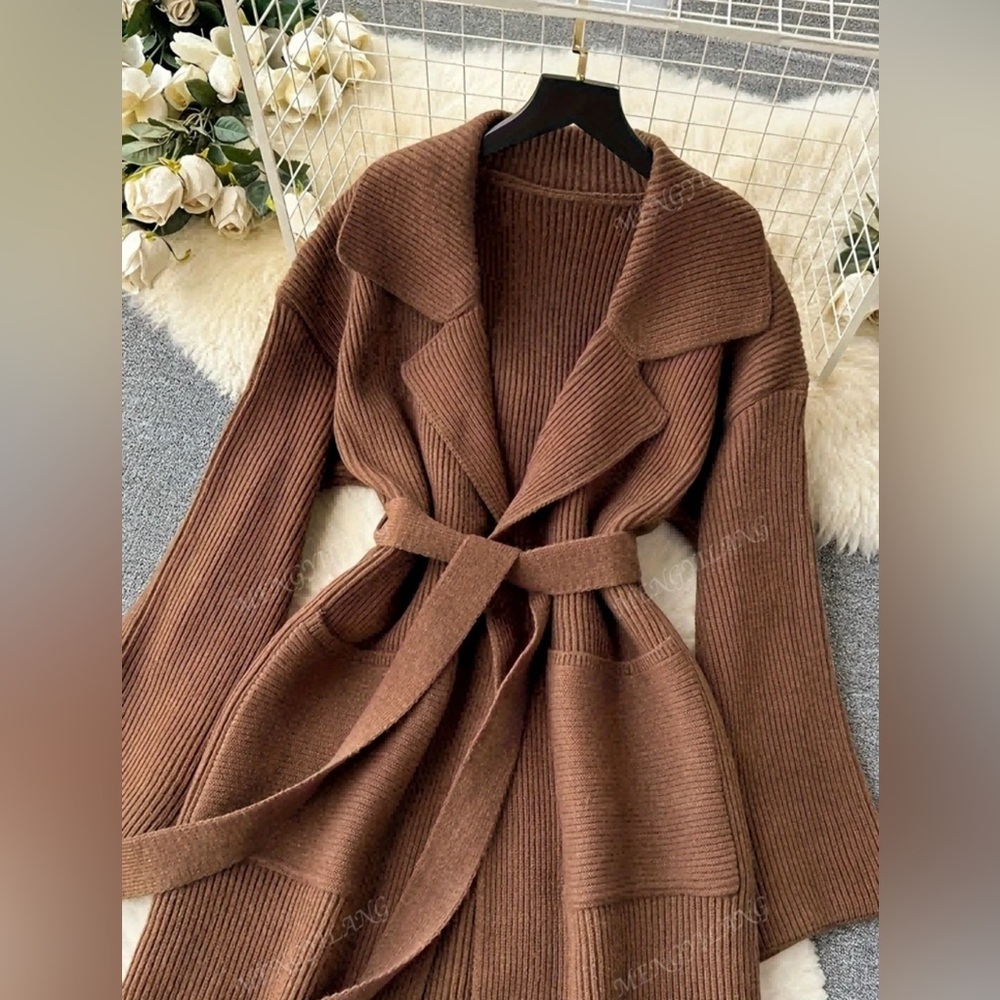 🆕 🤎Brown Knitted Cardigan Coat with belt - Picture 2 of 4
